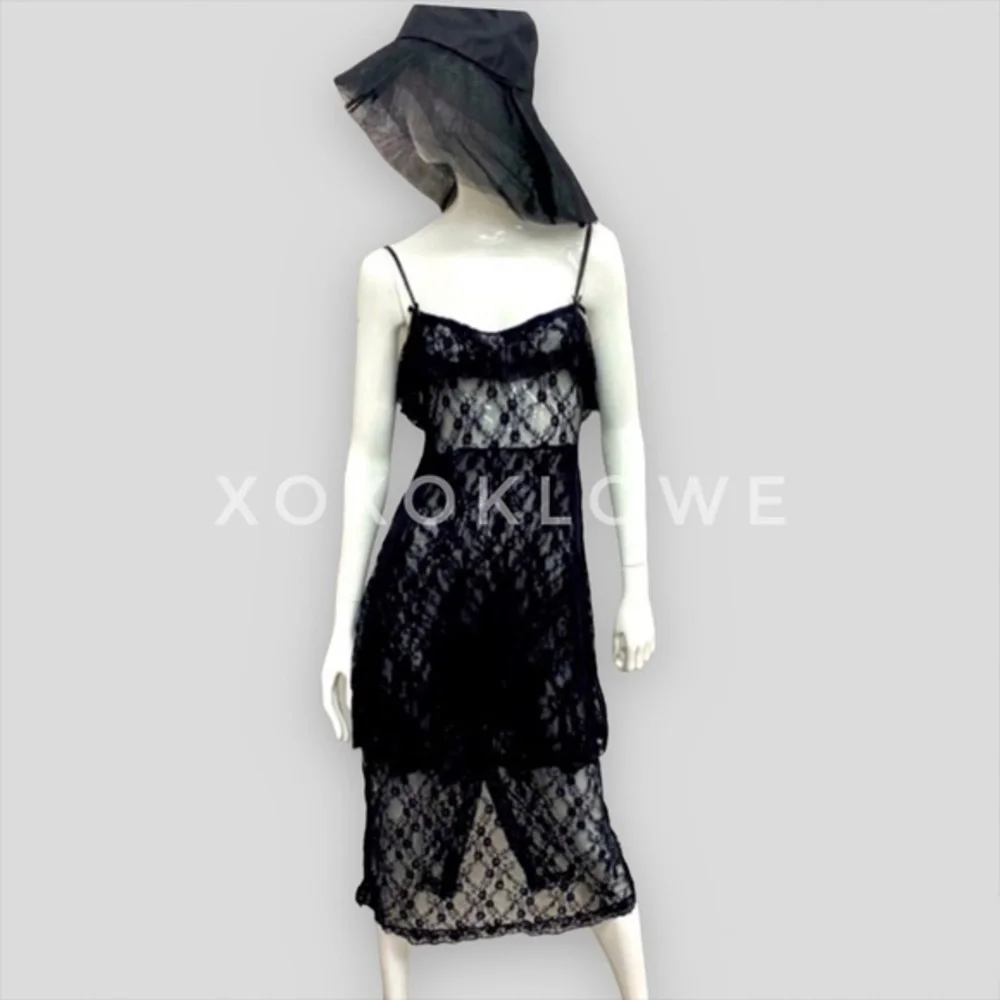 POL Black Sheer Lace Ruffle Tiered Layering Slip